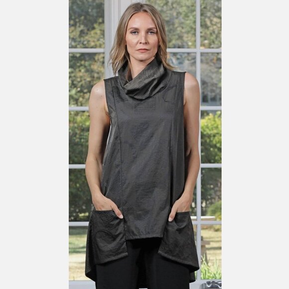 Beau Jours Leona Lagenlook Cowl Neck High Low Tunic Top with Pockets Women's M - Picture 1 of 11